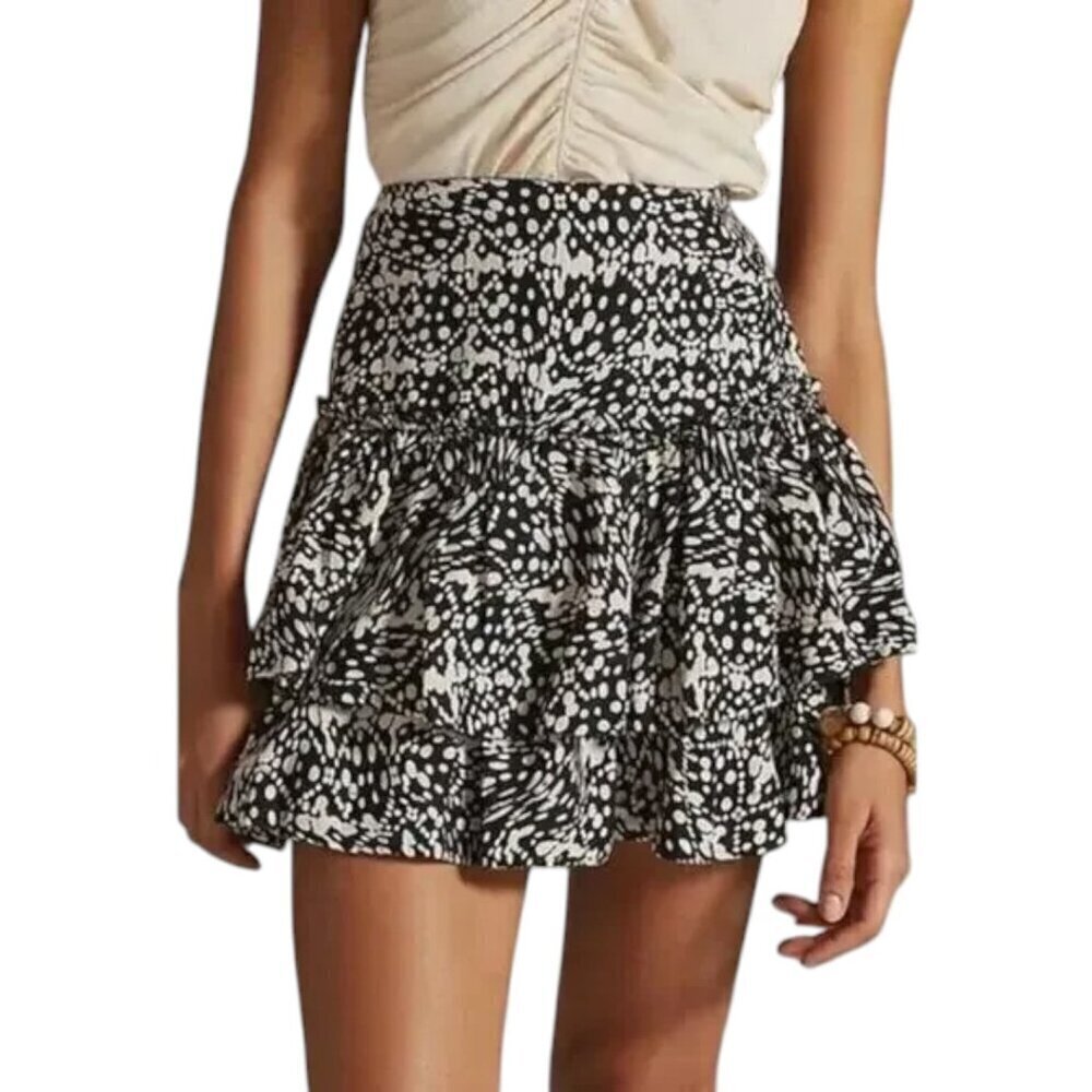Maeve by Anthropologie Linen Blend Black Cream Print Tiered Mini Skirt